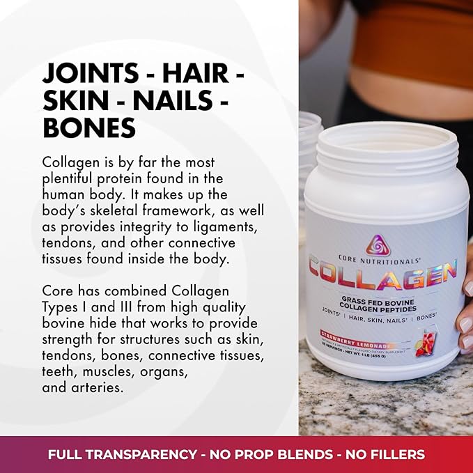 Core Nutritionals Hydrolyzed Collagen Peptides | Type I &amp III from Grass Fed Bovine | Hair Skin &amp Nails | Bone &amp Joint Support | 1 Pound (Peach Mango)