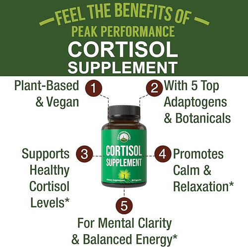 5-in-1 Cortisol Supplement for Women &amp Men. Lower High Cortisol with Ashwagandha Rhodiola Rosea L-Theanine Phosphatidylserine Magnolia Bark. Calm Relaxation Balanced Energy Vegan Supplements