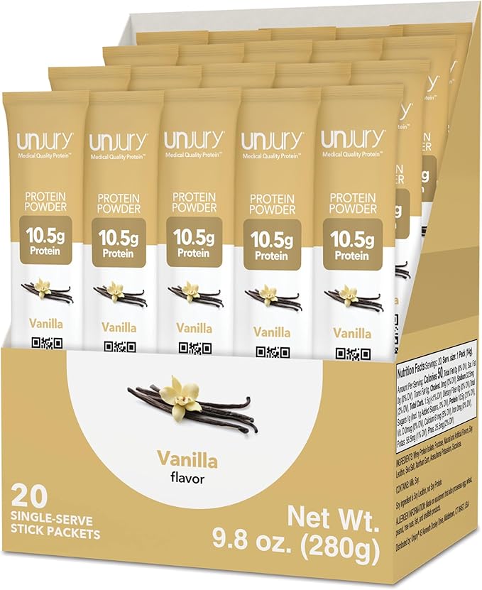 Unjury Whey Protein Powder Individual Stick Packs | Vanilla | 10.5g 100% Whey Isolate Protein Powder | Low Carb and Lactose Free | Gluten Free | Certified Kosher | 20 Servings