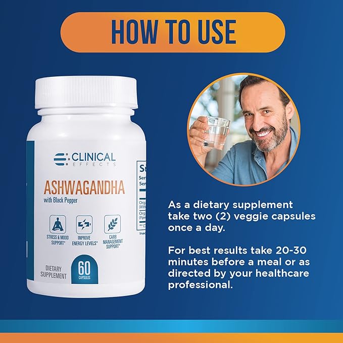 Clinical Effects Ashwagandha with Black Pepper for Stamina and Calm - 3 Pack 180 Ashwagandha Capsules - Made in The USA