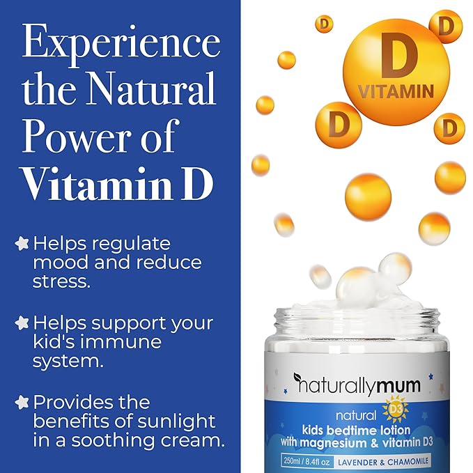 NaturallyMum Kids Magnesium Bedtime Lotion with Vitamin D | Support for Sleep Heart Bone Nerve Gut and Muscle Health | Alternative to Melatonin | Lavender &amp Chamomile 4.2 fl oz