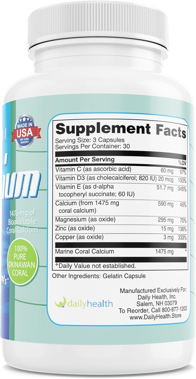 Daily Health Coral Calcium Pure Okinawa - Marine-Grade Supplement with 72 Trace Minerals - 1475mg 90 Vegetable Capsules (1 Month Supply)