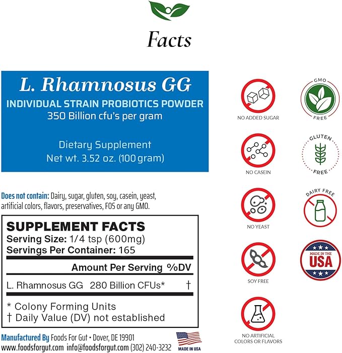 Lactobacillus Rhamnosus GG Probiotic Powder 350 Billion cfu's | Made in USA | No Additives | Direct from Manufacturer | No Third-Party Storage | Immune Support | L. Rhamnosus GG | 100 Gram (3.52 Oz)