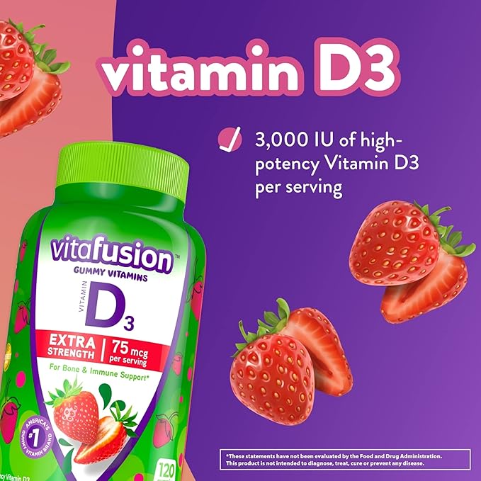 Vitafusion Probiotic Gummy Supplements Raspberry Peach and Mango Flavors &amp Extra Strength Vitamin D3 Gummy Strawberry Flavored Bone and Immune System Support (1) 120 Count