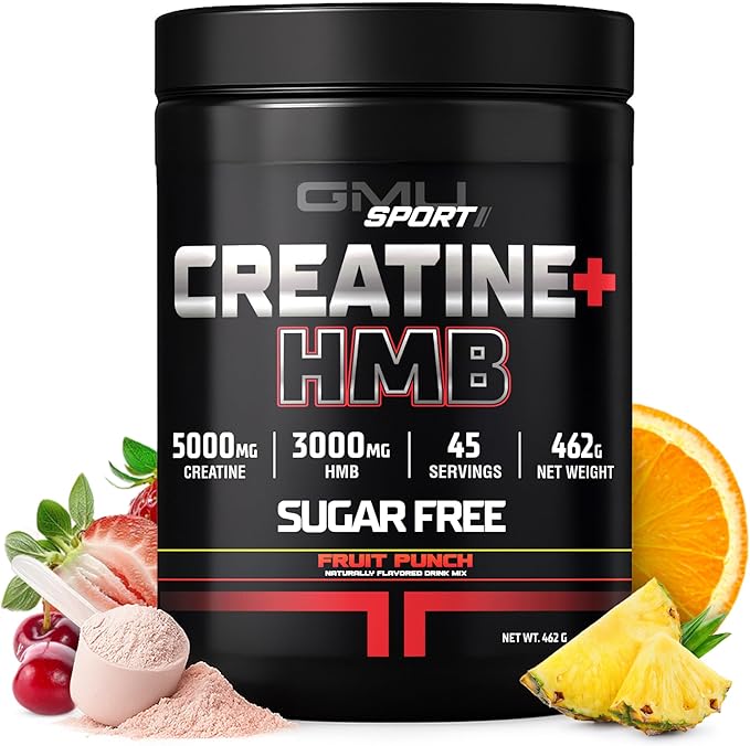 GMU SPORT - Creatine Monohydrate with HMB Powder - 45 Servings Creatine HMB Supplements Creatine with HMB for Increased Strength Muscle Growth &amp Enhanced Energy 3G HMB/Fruit Punch
