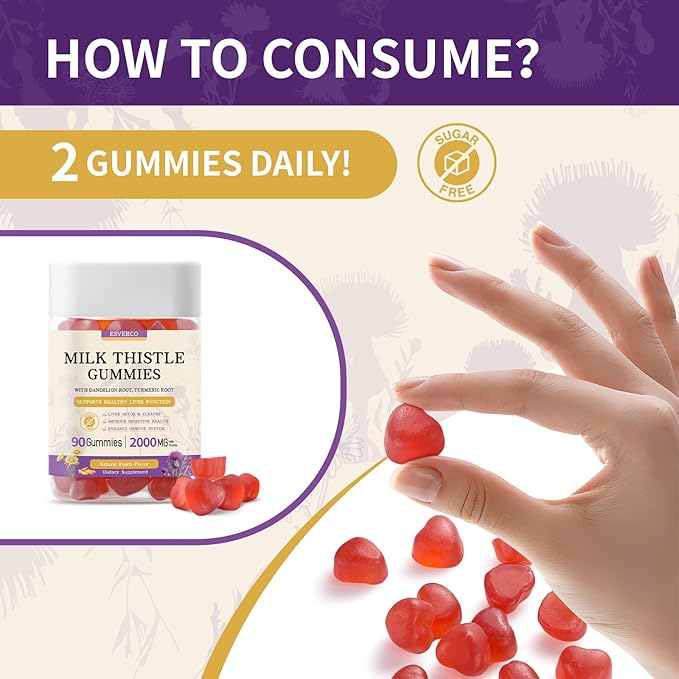 Milk Thistle Gummies with 2000MG Extract Liver Health Support Gummies Silymarin Milk Thistle Supplement with Artichoke Dandelion Turmeric Curcumin No Sugar for Adults Vegan 90 Count