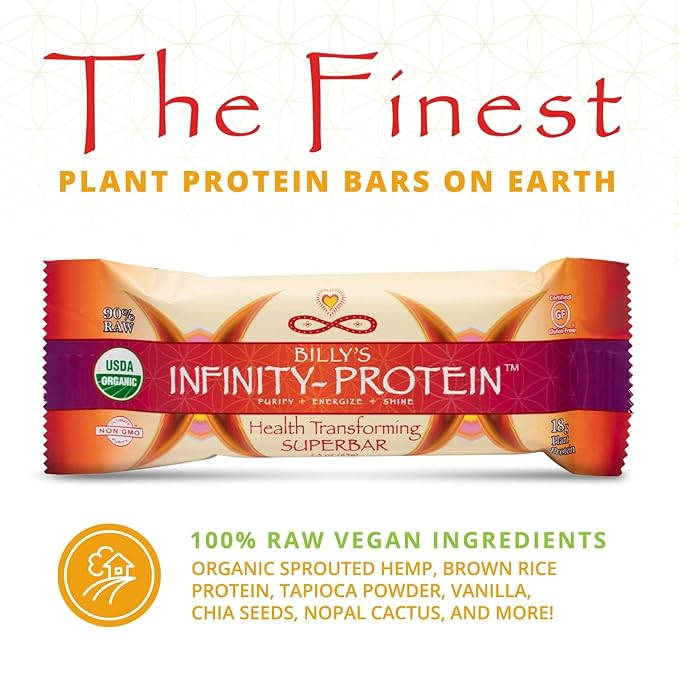 Billy's Infinity Plant Based Protein Bars Healthy Snacks with 18g of Plant Protein Organic Gluten Free Dairy Free Soy Free Sweetened with Dates and Honey (12 Bars)