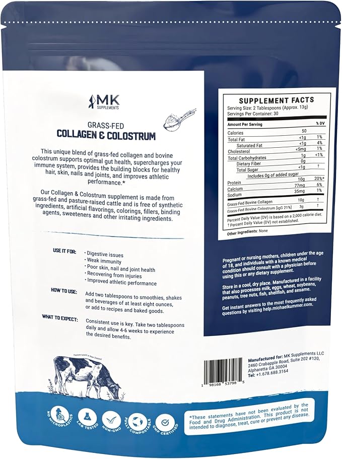 MK Supplements Grass-Fed Collagen &amp Colostrum Powder | 10g Collagen + 3g Colostrum (IgG 21%) Per Serving | Unflavored | Gut Skin &amp Joint Support | 30 Servings