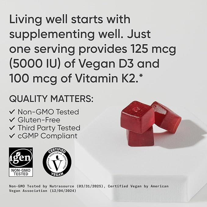 Sports Research® Vegan Vitamin D3 + K2 Gummy Supplements - Sugar-Free - 5000iu Vitamin D with 100mcg Mk7 Vitamin K - Supports Bone &amp Immune Health* - 60 Gummies for Adults