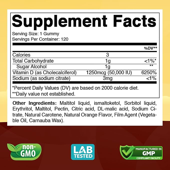 Sugar-Free Vitamin D3 50000 IU Weekly Gummies – 120 Count Bone Teeth and Immune Support – Non-GMO Easy-to-Chew Supplement