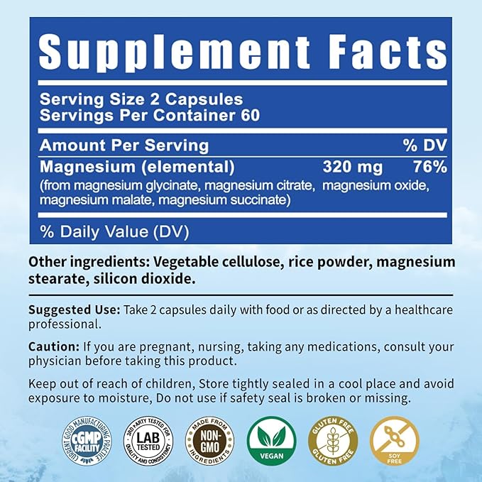 5-in-1 Magnesium Complex | 320mg of Magnesium Glycinate Malate Citrate… | Support for Sleep Muscle Relaxation and Energy Metabolism | High Absorption | Vegan Non-GMO | 120 Capsules