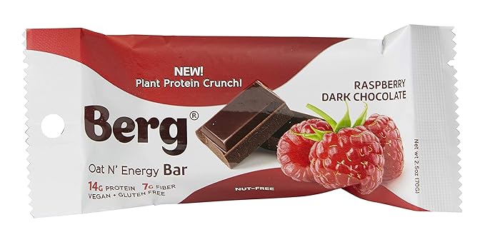 Berg Oat N' Energy Bar | Raspberry Dark Chocolate | Plant Based Protein Bar | Non-GMO Gluten Free Nut Free and Vegan | Low Sugar Healthy Snack Bar | High Fiber | On The Go | 2.5oz (8 Packs)