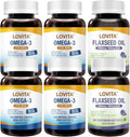 LOVITA 6-Pack Total Wellness Bundle - 4 Fish Oil &amp 2 Flaxseed Oil Bottles Cold-Pressed ALA &amp rTG Omega-3 Heart &amp Joint Care (6-Pack Value Set)