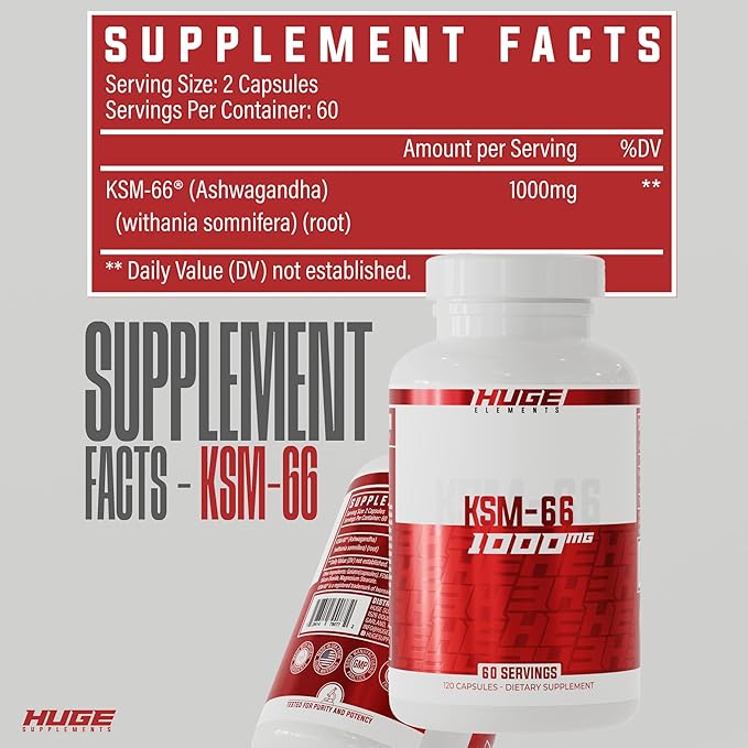 Huge Supplements KSM-66 Ashwaghanda High Potency 5% Withanolides 1000mg of Clinically Studied KSM66 (120 Capsules)