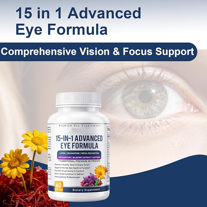 15 in 1 Advanced Eye Formula – Eye Vitamin and Mineral Supplement with Lutein Zeaxanthin Zinc &amp Bilberry Extract – Vision &amp Focus Support Reduces Dryness60Capsules (2 PC)