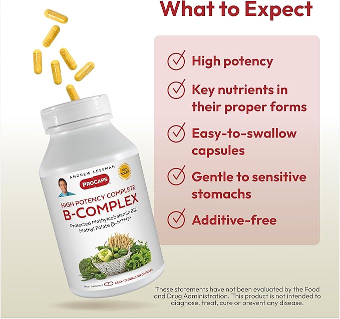 ANDREW LESSMAN High Potency B-Complex 180 Capsules - with High Levels of Folate Complex and Biotin Promotes Cellular Growth Energy Immune Function Detoxification Fat Metabolism and More