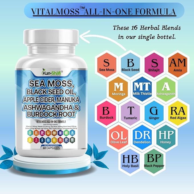 Sea Moss Complex with Black Seed Oil Ashwagandha Burdock Root Shilajit Amla Moringa Turmeric Manuka Ginger Vitamin C Vitamin D3 120 Count (Pack of 2)