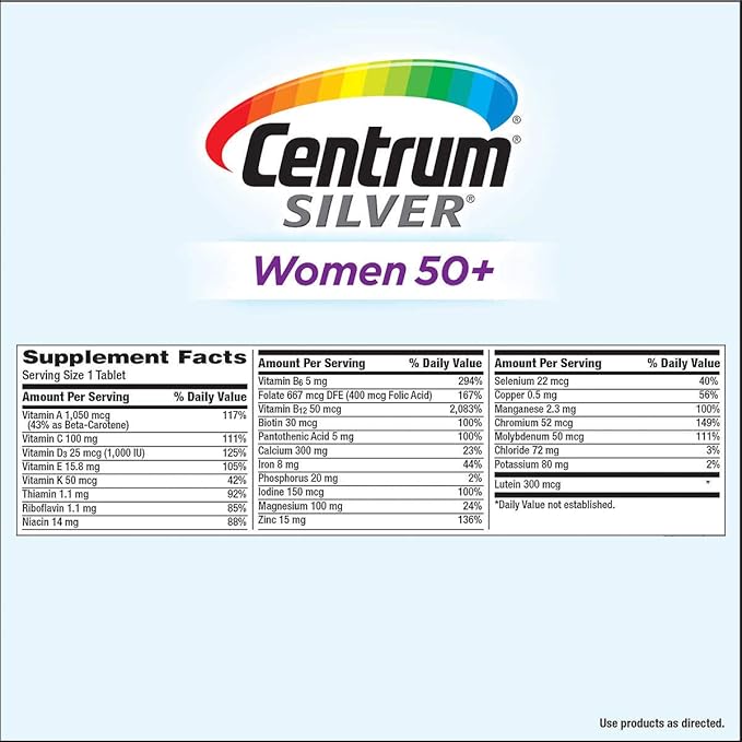 Silver Women's Multivitamin for Women 50 Plus Multivitamin/Multimineral Supplement with Vitamin D3 B Vitamins Non-GMO Ingredients Supports Memory and Cognition in Older Adults 275 Tablets
