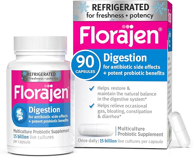 Florajen Digestion Probiotic - Advanced Gut Health Supplement for Constipation &amp Bloating Relief - 15 Billion Live Cultures - Multi-Strain Formula - Refrigerated for Potency &amp Freshness - 90 C