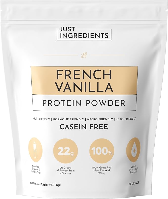 JUST INGREDIENTS French Vanilla Protein Powder – 30 Serving Bag – Grass-Fed Whey &amp Plant Protein Blend with Real Vanilla Bean – Sweetened with Coconut Sugar &amp Monk Fruit Non-GMO Gluten-Free