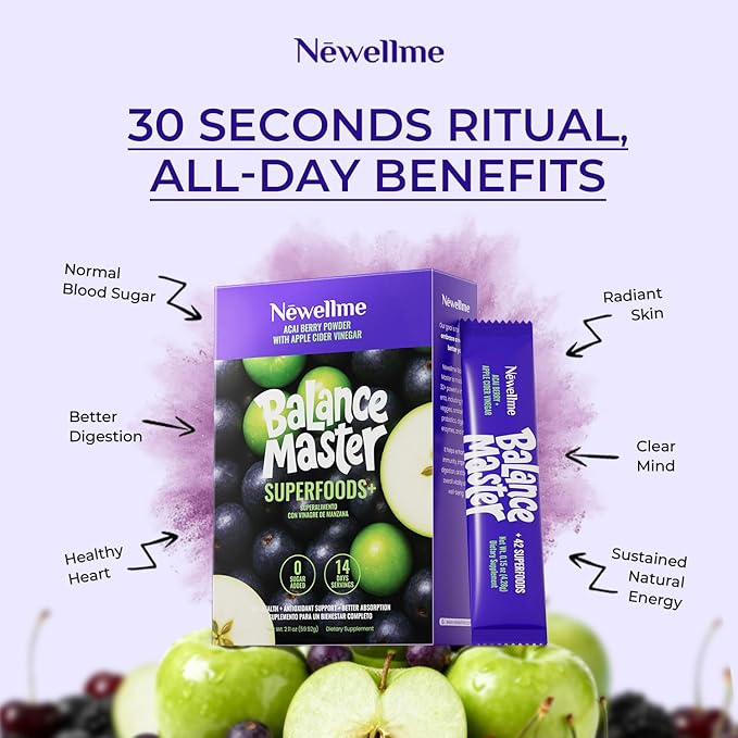 NEWELLME Balance Master Acai Apple Cider Vinegar Powder – Superfruit Antioxidant &amp Digestive Health Supplement with Probiotics &amp Fiber for Energy &amp Metabolic Support – Vegan Non-GMO 28 P