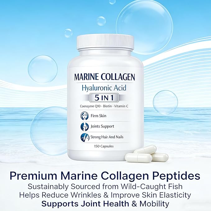 Colágeno Marino + Ácido hialurónico 5 in 1 Premium Formula 150 Capsules for Skin Hair Nails Health Hydrolyzed Collagen Type I with CoQ10 Biotin Vitamin C