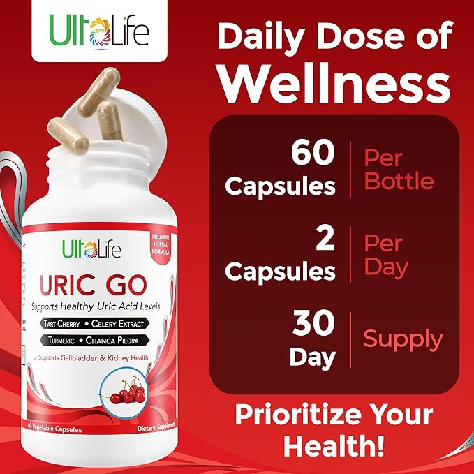 #1 URIC GO Uric Acid Cleanse Support Supplement for G.O.U.T - Natural Kidney Cleanse Detox Formula Chanca Piedra Celery Seed Tart Cherry Cranberry Pomegranate Turmeric Vegan Non-GMO 60 Capsules