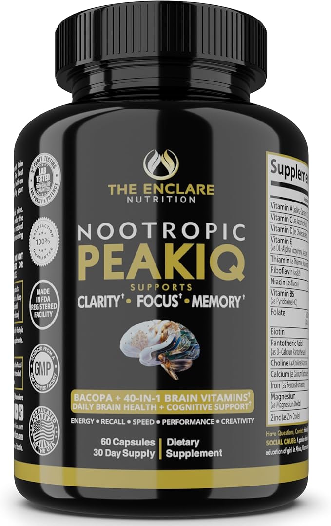 Nootropic Brain Booster Focus Supplement Clarity Memory Brain Vitamins With 40 Nootropics Phosphatidylserine Bacopa Monnieri Huperzine A DMAE Inositol L-Glutamine Selenium Choline DHA (1)