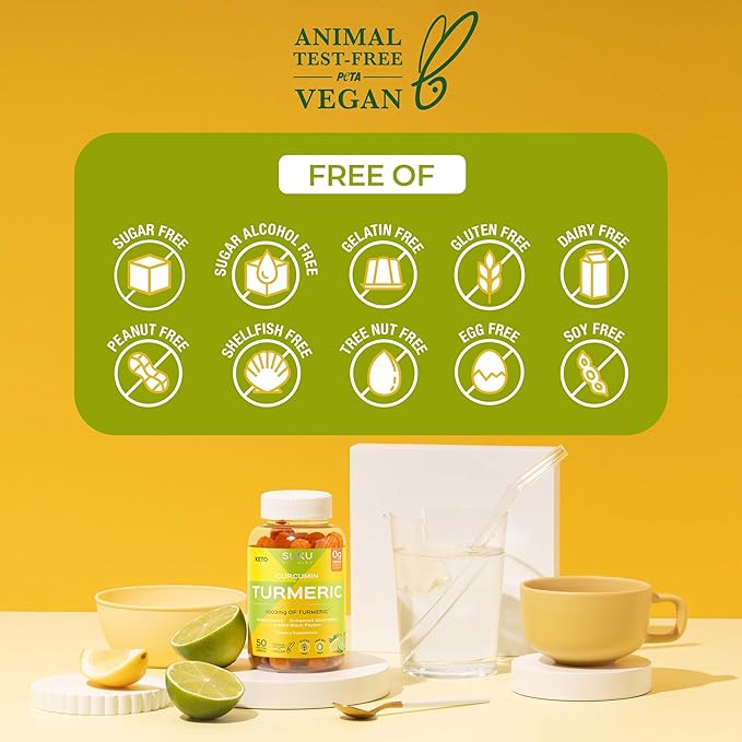 SUKU Turmeric Curcumin Sugar Free Gummies with 1003mg of Turmeric - Black Pepper Protects Liver Improves Digestion Inflammation Response &amp Joint Health – Lemon Lime Flavour (50 Gummies)