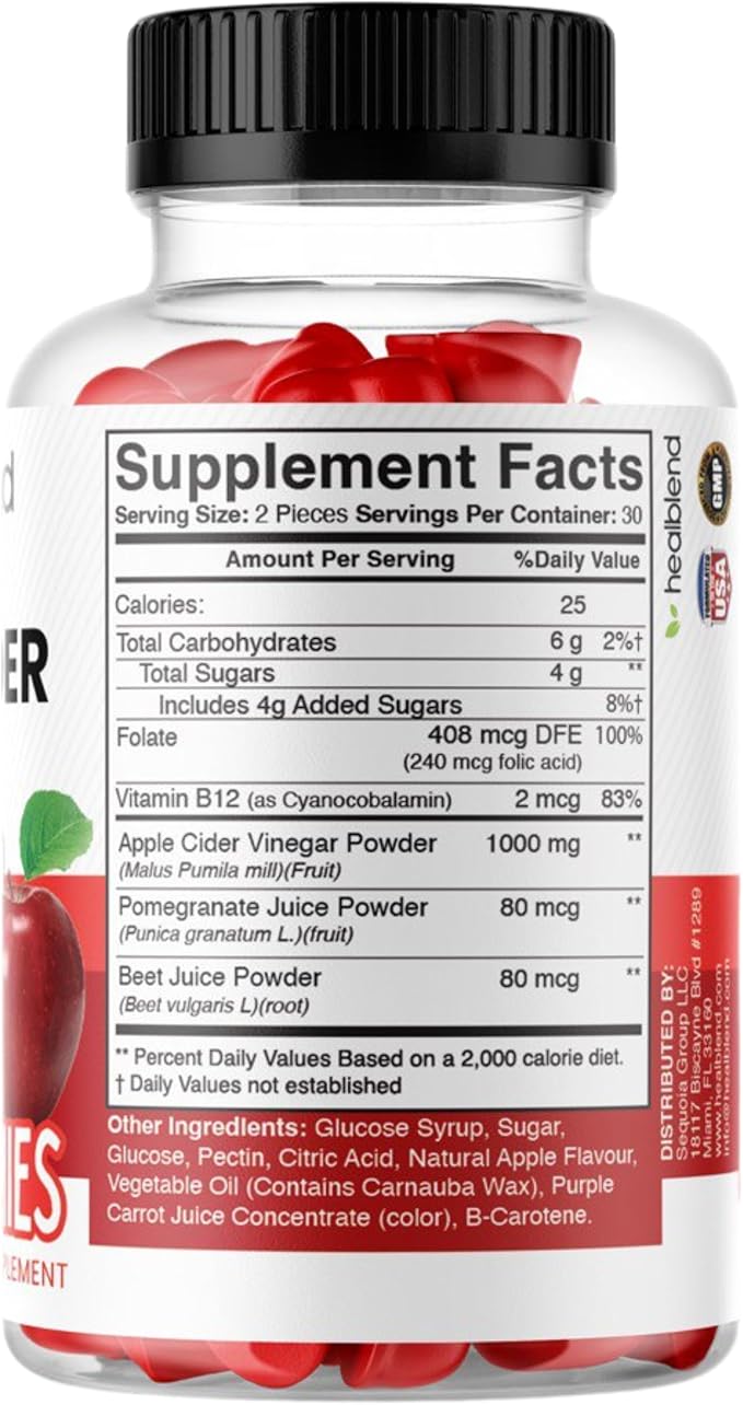 healblend Apple Cider Vinegar Gummy Vitamins 1000MG Per Serving - 180 Count- Vitamin B12 Pomegranate &amp Beet Juice Gelatin-Free Gluten-Free Vegan &amp Non-GMO (3 Pack)