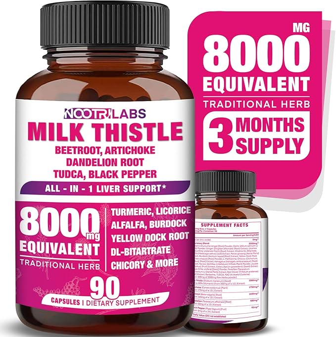 All-in-1 8000mg Highest Potency Milk Thistle NAC BeetRoot Artichoke Dandelion Root - Liver Health Support Cleanse Detox &amp Repair Antioxidant Plus TUDCA Choline and Ginger - 90 Vegan Capsules