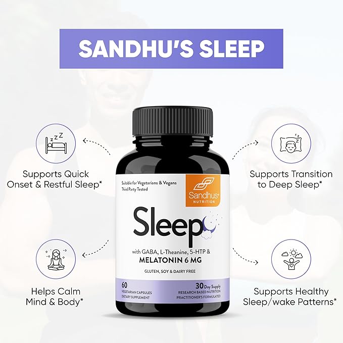 Sandhu's Sleep 60 Capsules –Non-Habit Forming 5-in-1 Sleep Aid Supplement with Melatonin Magnesium GABA L-Theanine &amp 5-HTP