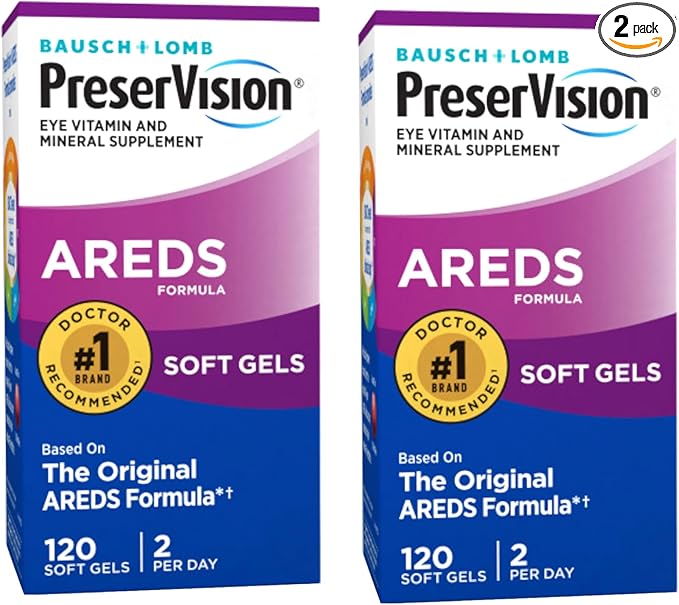 Bausch + Lomb PreserVision AREDS Eye Vitamin &amp Mineral Supplement Tablets 120 Count Bottle (Soft Gels) (Pack of 2)