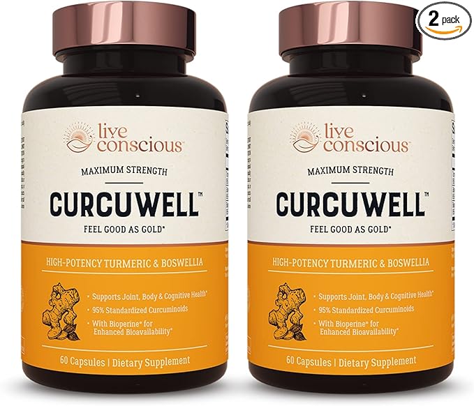 Live Conscious CurcuWell - Curcumin and Boswellia Blend | Maximum Strength Joint Body and Cognitive Support - 60 Day Supply (2-Pack)