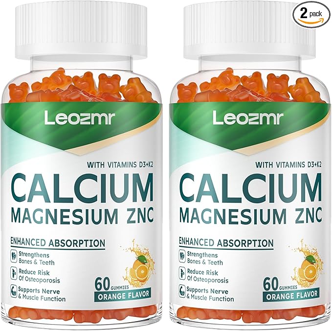 Calcium Magnesium Zinc Gummies with Vitamin D3 &amp K2 - High Potency Enhanced Absorption -120 Orange Gummies Flavored