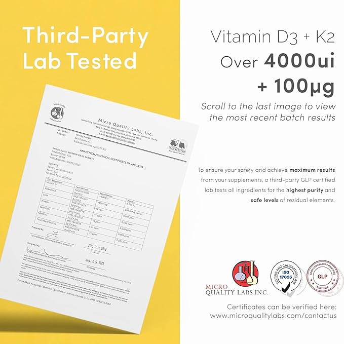 vP Vitality Pro Vitamin D3 4000 iu with Vitamin K2 100ug x 180 Tablets - Third Party Tested - Vitamin D Supplement with K2 MK7 - Vitality Pro