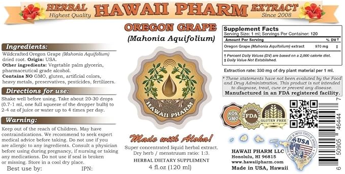 Hawaii Pharm Oregon Liquid Extract Oregon (Mahonia aquifolium) Tincture Herbal Supplement Made in USA 2x4 fl.oz