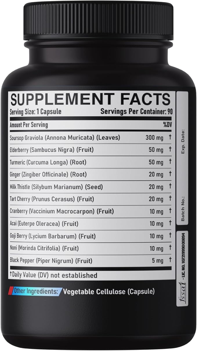 11in1 Graviola Soursop Capsules for 5 Months Supply with Soursop Fruit Elderberry Turmeric Ginger Milk Thistle Cranberry &amp More - Mood - 150 Vegan Capsules