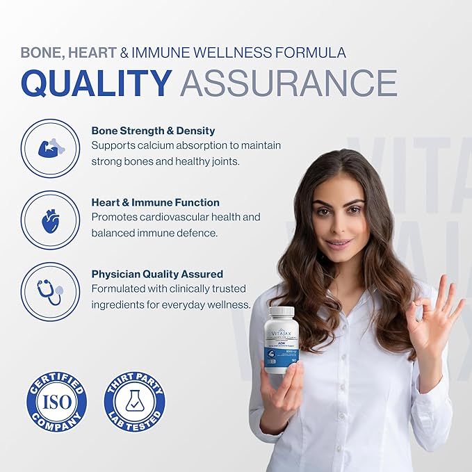 ADK - Vitamin ADK Supplement 90 Capsules - High Potency Vitamin A D3 (5000 IU) K2 as MK-7 for Bone Heart &amp Calcium Absorption – Non-GMO Gluten Free (3 Month Supply)