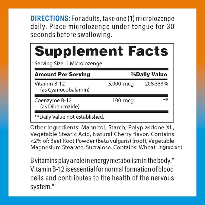 Vitamin World Vitamin B-12 5000 mcg. Sublingual 60 Microlozenges Supports Energy Metabolism Supports Heart Health