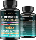 Elderberry Immune Support Supplement 8-in-1 Formula with Echinacea Vitamin C &amp Zinc Vitamin D 5000 IU Turmeric Ginger Ashwagandha – 120 Capsules
