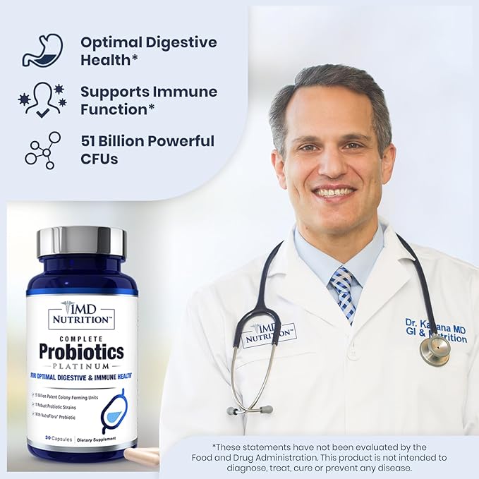 1MD Nutrition Complete Probiotics Platinum - w/Prebiotics and Probiotics for Digestive Health - Probiotic Supplement for Women &amp Men - More Than 50 Billion Live CFU 11 Strains Dairy-Free - 30 Caps
