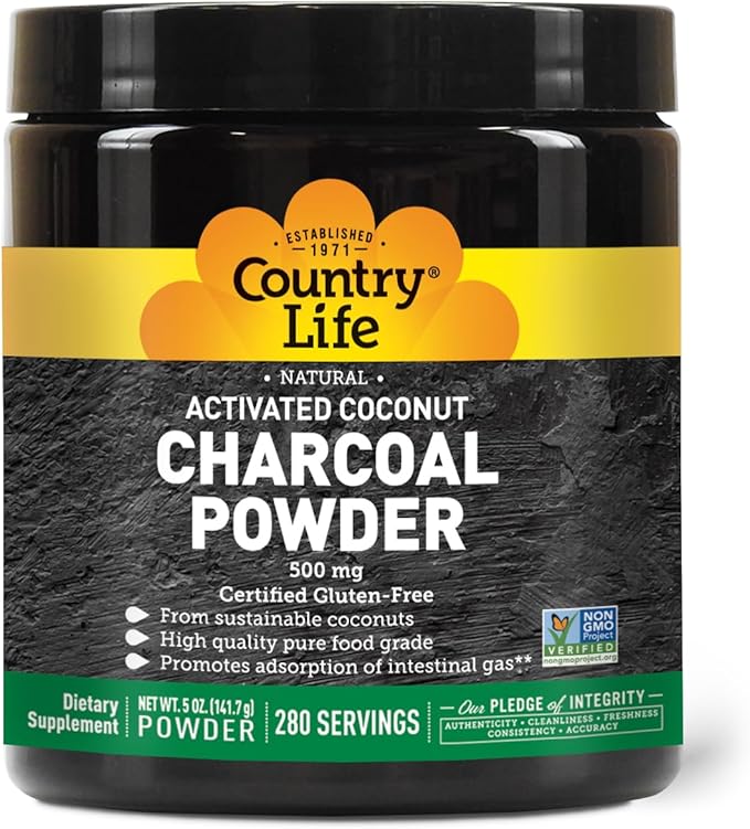 Country Life Activated Coconut Charcoal Powder 500mg – Natural Activated Charcoal for Digestive Health Gas &amp Bloating Relief DIY Uses - Non-GMO Gluten-Free Vegan 5oz Powder