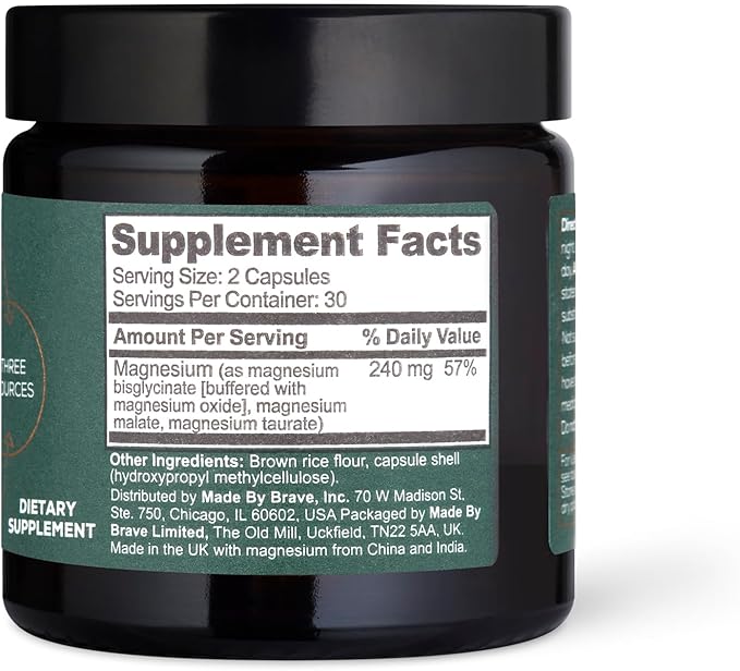 Ancient + Brave Triple Magnesium Capsules 30 Servings Triple Magnesium Complex for Women Energy and Relaxation Support Nervous System and Mood Balance Vegan for Daily Wellbeing