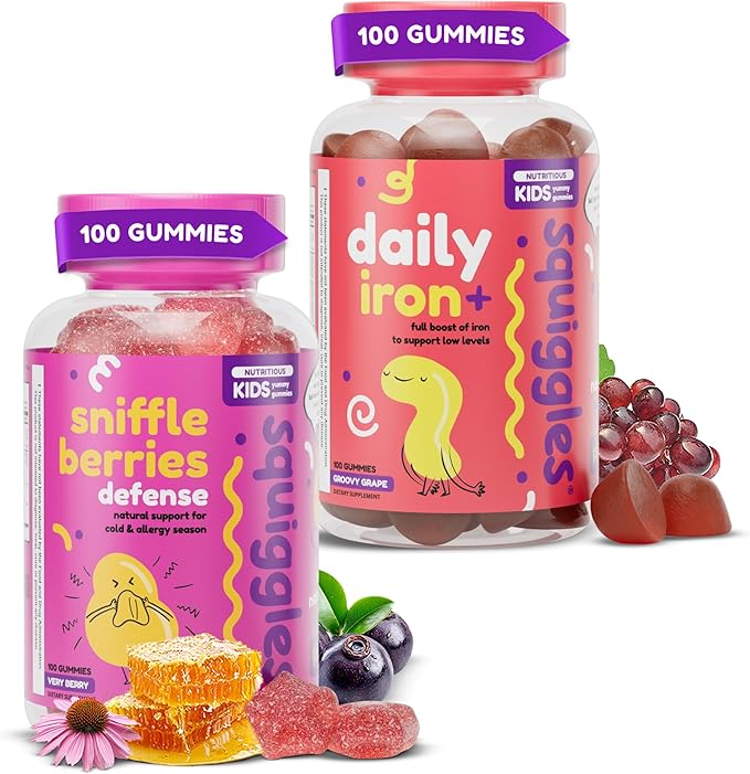 Squiggles Sniffle Berries (100 Count) + Daily Iron Gummies (100 Count) Duo - Tasty Chewy Gummy - Kids Immune Booster