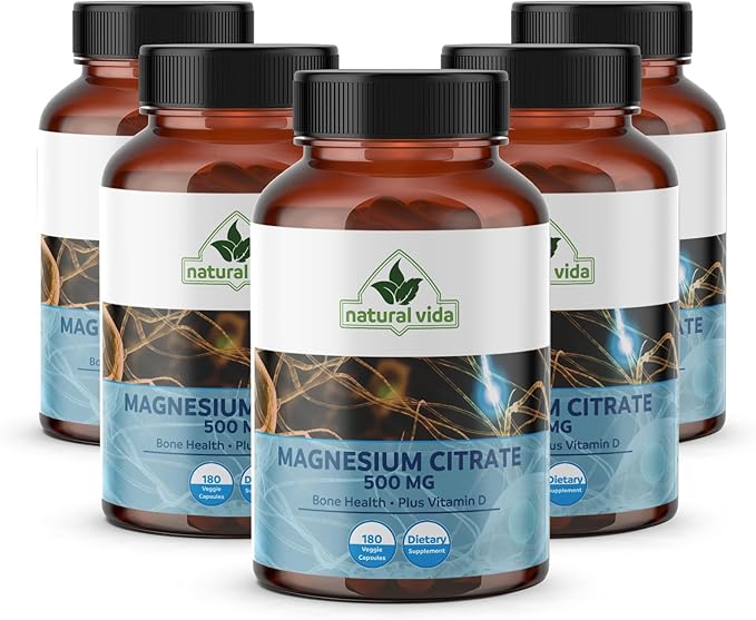 Magnesium Citrate 500mg + Vitamin D 180 Capsules - 6 Months Supply - Easily Absorbed - Muscle Heart &amp Digestive Support - One per Day Non-GMO (1)