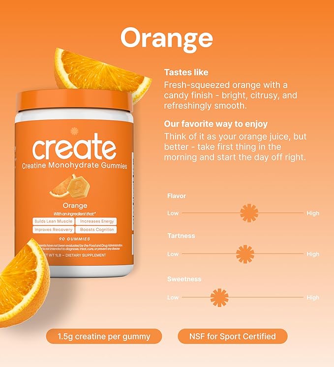 Create Creatine Monohydrate Gummies - Citrus Rush Duo - Sour Apple &amp Orange - Creatine Gummies for Women &amp Men NSF Certified 3rd Party Tested Anti-Melting Formula 180 Count (2-Pack)