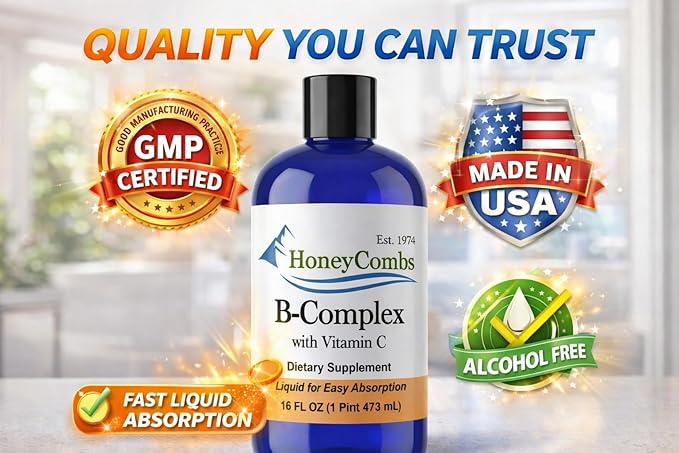 HoneyCombs Liquid Vitamin B Complex Drops B-Complex Supplement with B12 B6 B1 B2 B3 B5 B7 B9 + Vitamin C – Methylated Multivitamin Liquid Vitamins for Energy Support – Fast Absorbing Vegan USA