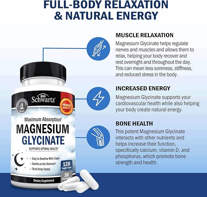 BioSchwartz Magnesium Glycinate 500mg Capsules (120 Mini Caps) Maximum Absorption Magnesium Supplement for Healthy Nerves Muscles Heart Mood and Sleep Support (Vegan Gluten-Free Non-GMO) (Pack of 2)
