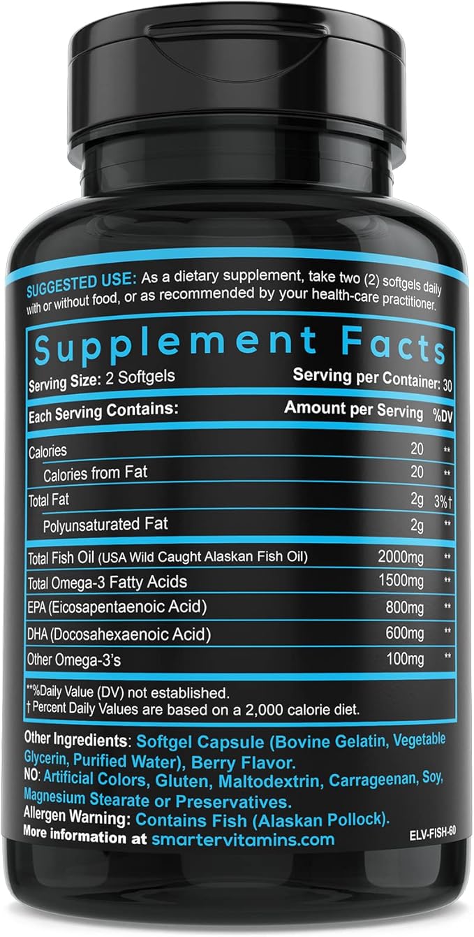 SmarterVitamins Omega 3 Fish Oil Strawberry Flavor Burpless Tasteless 2000mg DHA EPA Triple Strength Made with AlaskOmega®